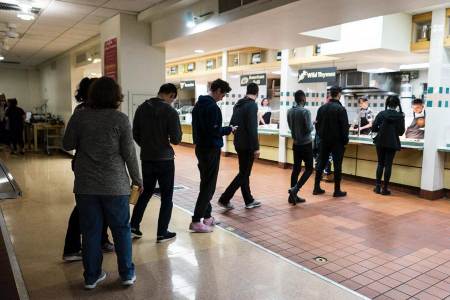 Students line up to get food at Fourth Meal, which will be moved to DeCafé and the Rathskeller next fall due to the closing of Dascomb Dining Hall.