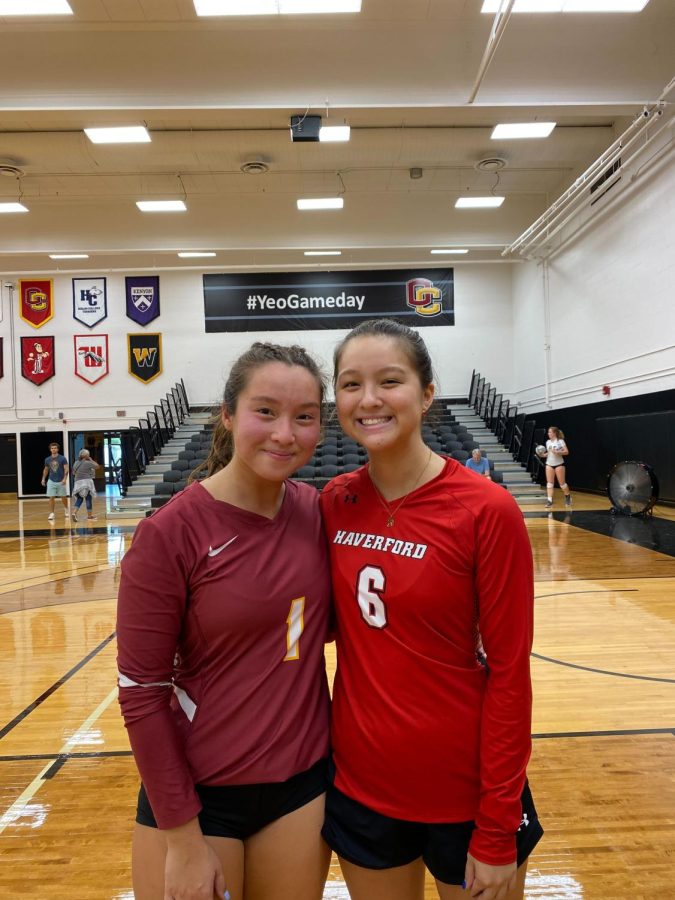 Zoe and Téa Kuzbari smile for a photo taken by their mom at the Haverford vs. Oberlin game.