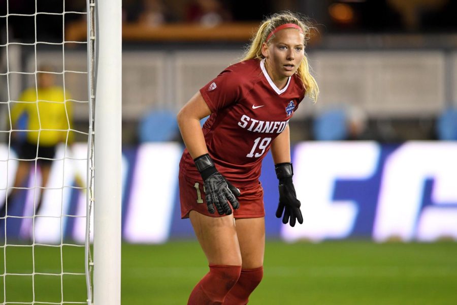 Katie Meyer stands in goal for Stanford University’s women’s soccer team.