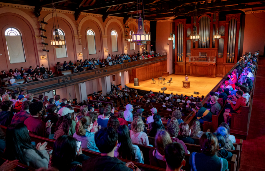 First-year students gather in Finney Chapel to listen to President Carmen Twillie Ambar’s welcome messages.