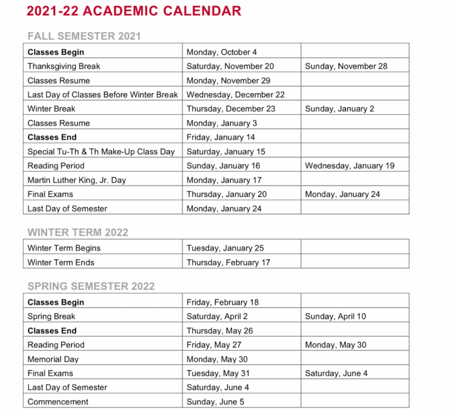 The College released the 2021-2022 academic calendar on Thursday. The new calendar reflects changes made to lengthen the break between the summer and fall semesters. 