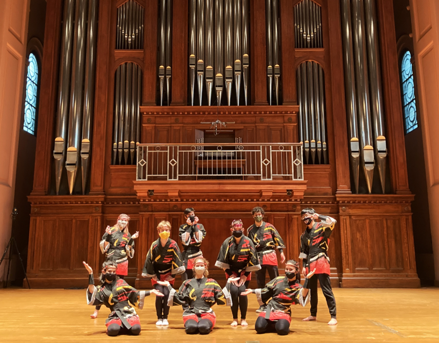 OC Taiko’s eight on-campus members are ready for their virtually-accessible Fall Final Show in Finney Chapel. 